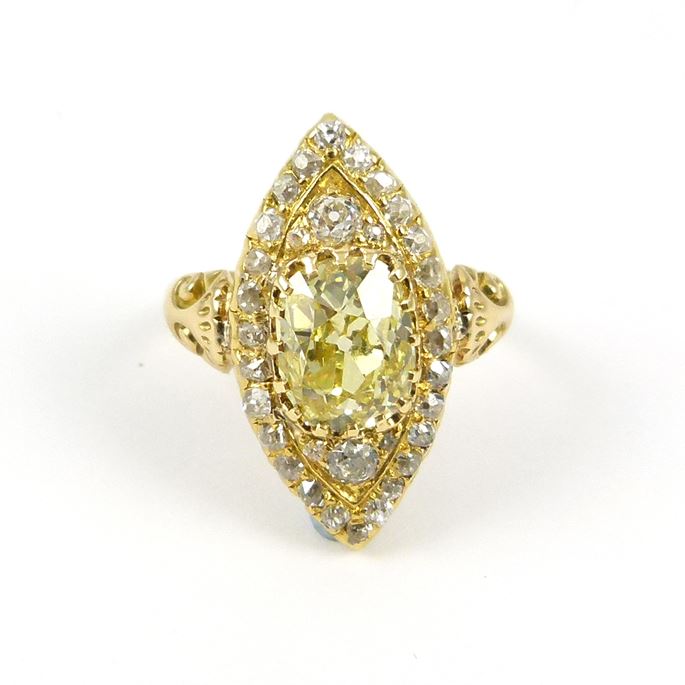 Antique yellow diamond and diamond cluster ring c.1890, the central cushion cut yellow diamond 2.49ct to a marquise shaped border, | MasterArt